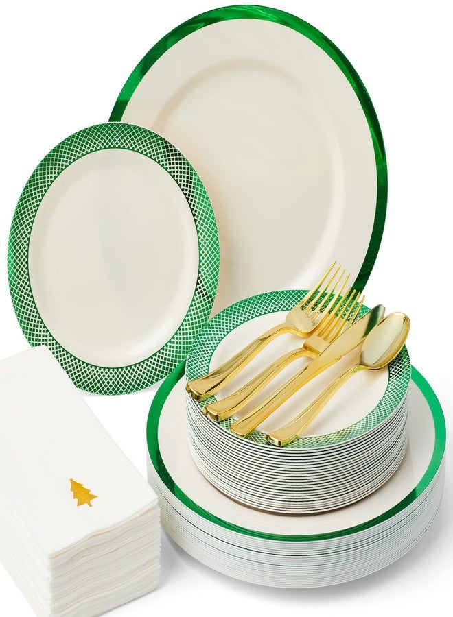By Madee Heavyweight 175 Pc Disposable Christmas Plates and Napkins Set with Cutlery | Ivory with Green Trim | Elegant Plastic Dinnerware for 25 Guests - Image 1