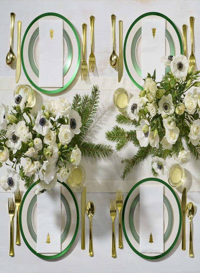 By Madee Heavyweight 175 Pc Disposable Christmas Plates and Napkins Set with Cutlery | Ivory with Green Trim | Elegant Plastic Dinnerware for 25 Guests - Image 2