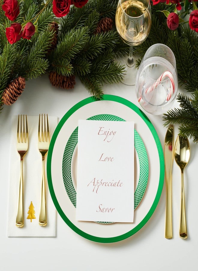 By Madee Heavyweight 175 Pc Disposable Christmas Plates and Napkins Set with Cutlery | Ivory with Green Trim | Elegant Plastic Dinnerware for 25 Guests - Image 4