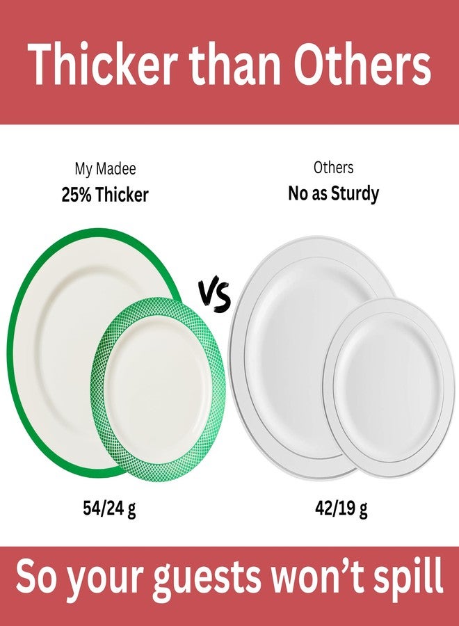 By Madee Heavyweight 175 Pc Disposable Christmas Plates and Napkins Set with Cutlery | Ivory with Green Trim | Elegant Plastic Dinnerware for 25 Guests - Image 3