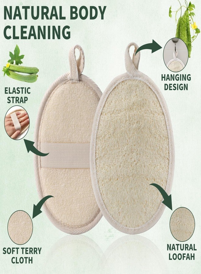SAMEBUTECO 4 Pack Natural Loofah Exfoliating Body Scrubber Pads,Large Size 7.3x4.3 Inch Shower Loofah Sponges with Elastic Strap & Hanging Loop, Bath Scrubber for Men and Women - Image 2