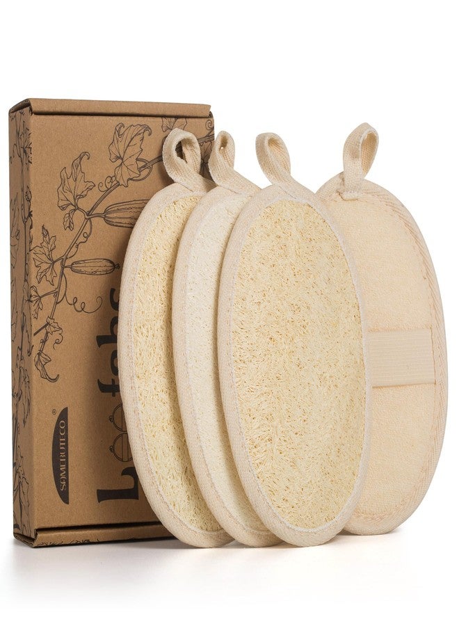 SAMEBUTECO 4 Pack Natural Loofah Exfoliating Body Scrubber Pads,Large Size 7.3x4.3 Inch Shower Loofah Sponges with Elastic Strap & Hanging Loop, Bath Scrubber for Men and Women - Image 1