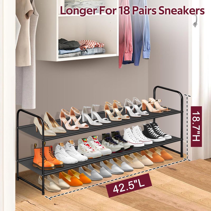 SLEEPING LAMB Long 2-Tier Shoe Organizer for Closet, Stackable Wide Shoe Rack Holds 18-Pairs Low Shoe Shelf Storage for Bedroom, Floor, Entryway(Black) - Image 2