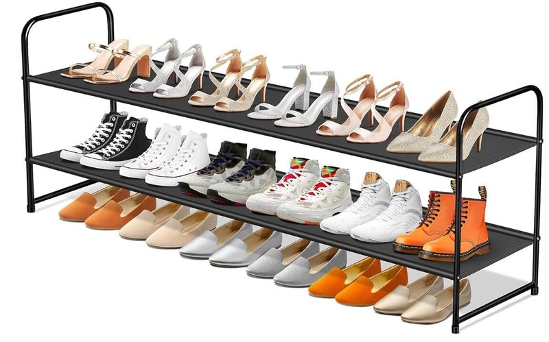 SLEEPING LAMB Long 2-Tier Shoe Organizer for Closet, Stackable Wide Shoe Rack Holds 18-Pairs Low Shoe Shelf Storage for Bedroom, Floor, Entryway(Black) - Image 1