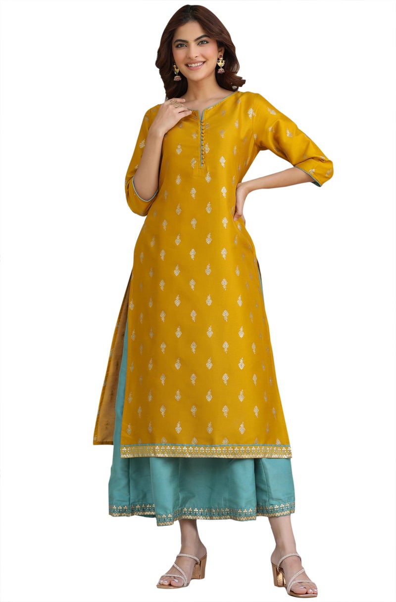 Janasya Women's Mustard Silk Blend Gold Print Anarkali Ethnic Dress (J0006-SET-RE-XS) - Image 1