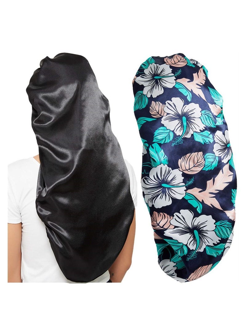 Long Satin Bonnet Sleep Cap, Soft and Comfortable Elastic Band Bonnets for Women Night Sleep, Hair Satin, Care Hat Cap (2 Pcs, Black + Blue Leaves) - Image 1