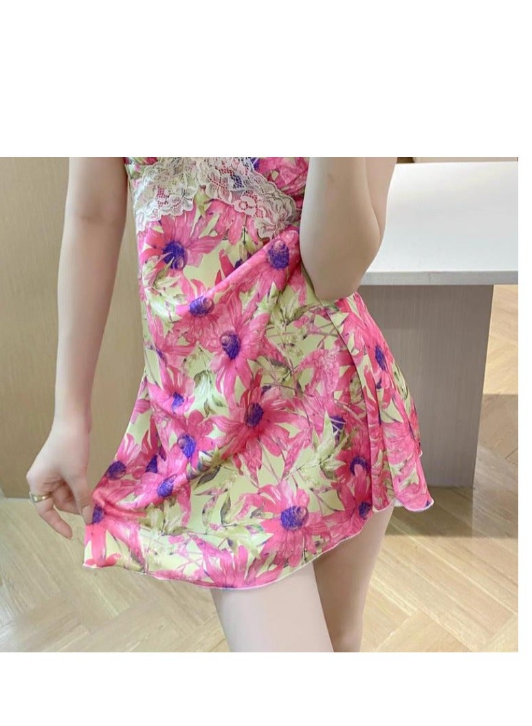 New Fashionable Printed Camisole Sleepwear Women's Thin Ice Silk Nightgown Set - Image 3