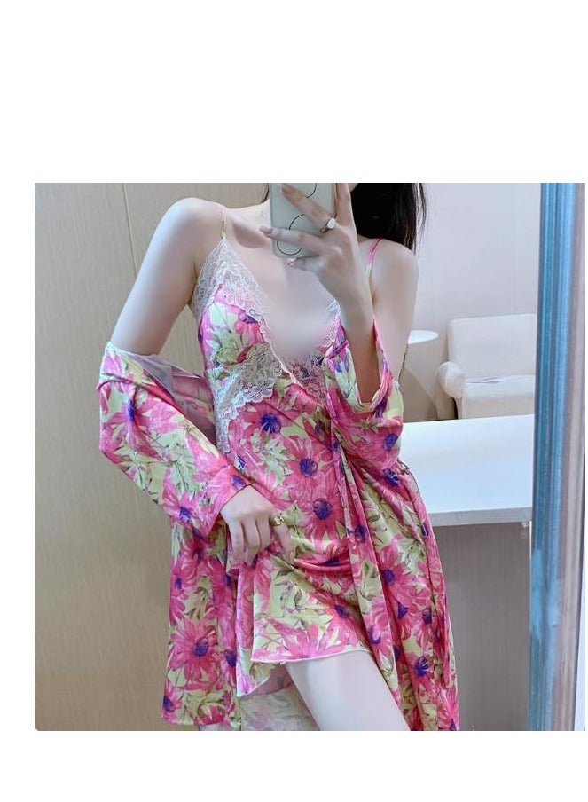 New Fashionable Printed Camisole Sleepwear Women's Thin Ice Silk Nightgown Set - Image 1
