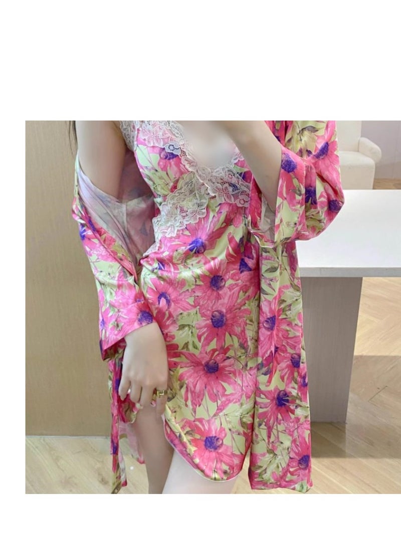 New Fashionable Printed Camisole Sleepwear Women's Thin Ice Silk Nightgown Set - Image 2