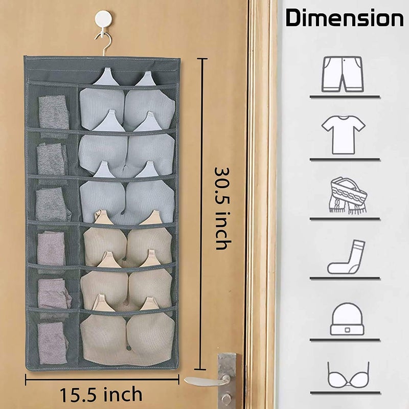 SYSTEMIZE Closet Hanging Organizer with Mesh 30 Pockets Rotating Metal HangerDual Sided Wall Shelf Wardrobe StorageOxford Cloth Space Saver Bag for Bra Underwear Socks Grey Pack of 1 - Image 2
