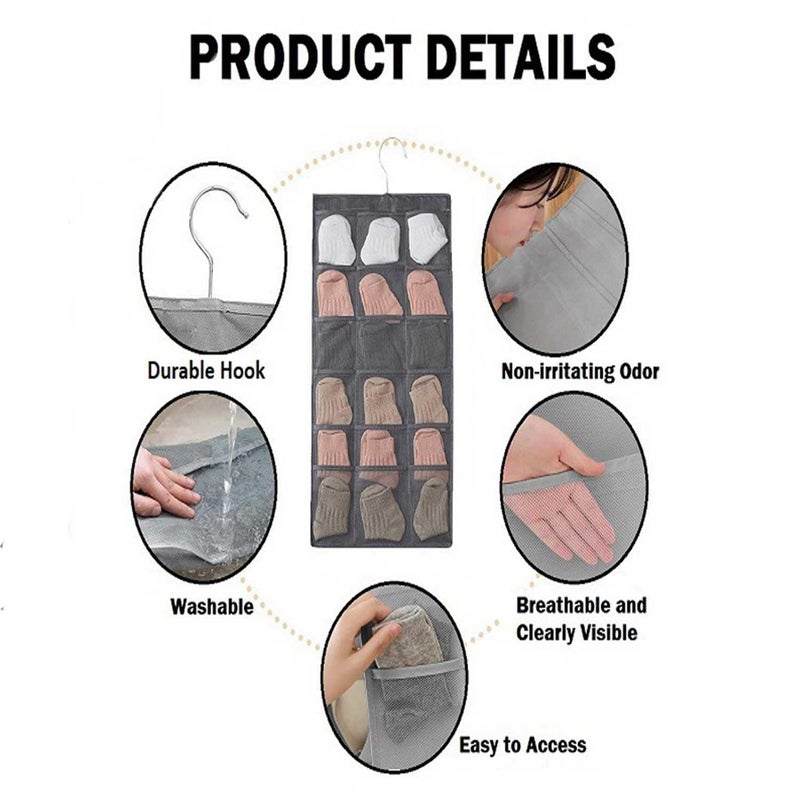 SYSTEMIZE Closet Hanging Organizer with Mesh 30 Pockets Rotating Metal HangerDual Sided Wall Shelf Wardrobe StorageOxford Cloth Space Saver Bag for Bra Underwear Socks Grey Pack of 1 - Image 3