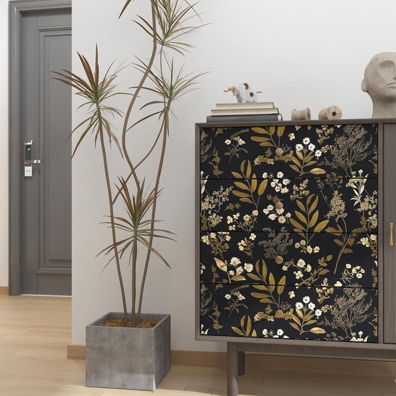Laatse Vintage Wallpaper Peel and Stick Black Floral Wallpaper 17.5'' x 393'' Gold Leaf Contact Paper Vinyl Waterproof Self Adhesive Boho Botanical Wall Paper for Bedroom Shlef Cabinet DÃ©cor - Image 2