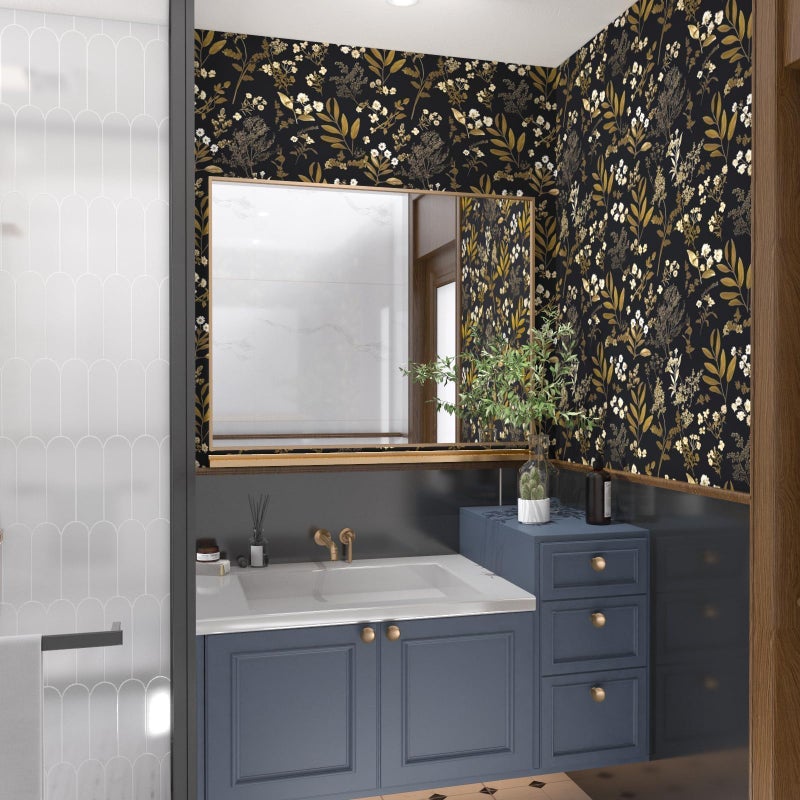 Laatse Vintage Wallpaper Peel and Stick Black Floral Wallpaper 17.5'' x 393'' Gold Leaf Contact Paper Vinyl Waterproof Self Adhesive Boho Botanical Wall Paper for Bedroom Shlef Cabinet DÃ©cor - Image 3