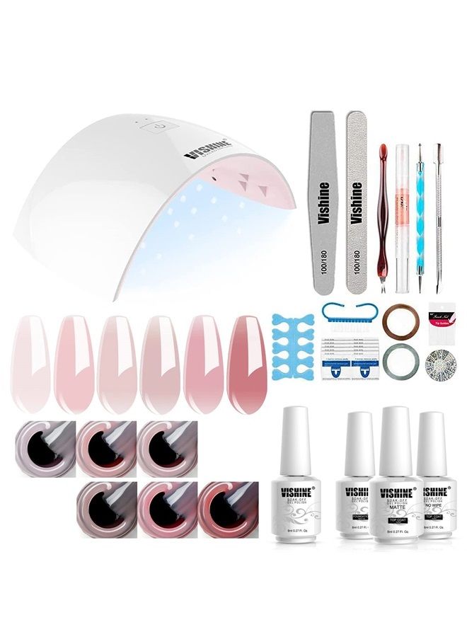 Vishine Gel Nail Polish Kit UV Light, 36W UV LED Nail Dryer Lamp, 6 Sheer Milky Pink Jelly Transparent Colors Base Top Coat Professional All-in-One Nail Art Manicure Tools - Image 1