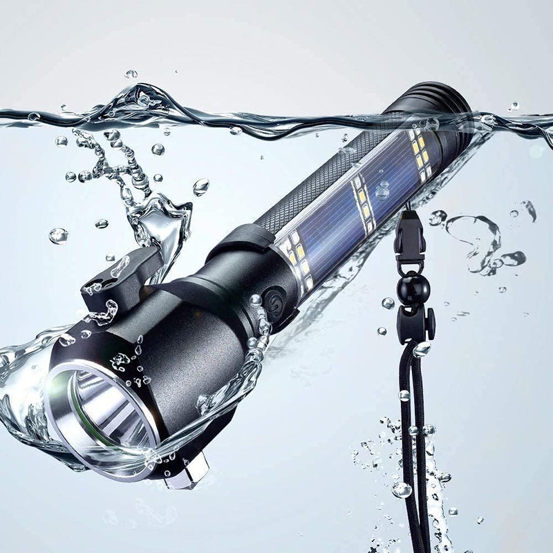 Styxon Styxon Aluminum 7 Mode Rechargeable Solar LED Torch Light High Power Long Distance with LED Torch Flashlight Use for Car Emergency Tool with Window Breaker Magnet Cutter Compass 500 Lumens - Image 1