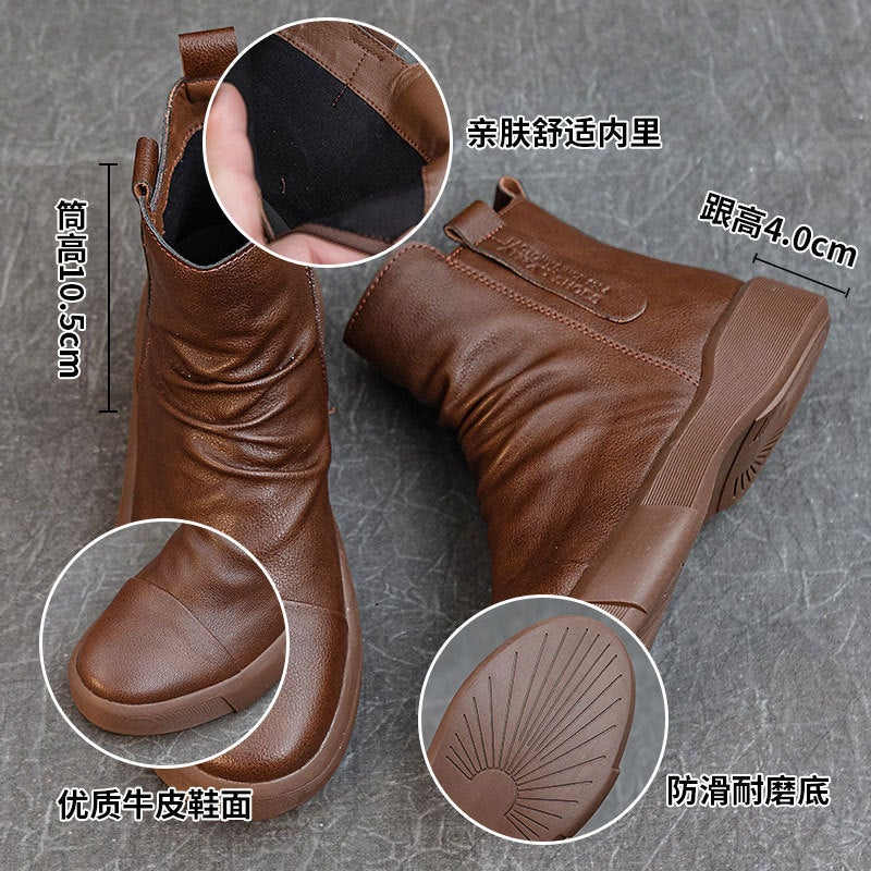 Vintage Plus Size Casual Short Boots Joker British Leather Martin Boots Round Head Thick Heel Thick Bottom Chelsea Boots - Image 3