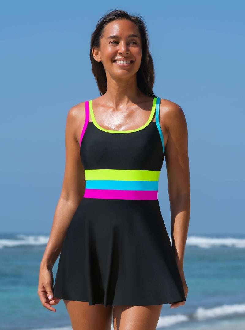 popvil Women One Piece Swimsuit 2026 Tummy Control Bathing Suit Neon Modest Swim Dress with Skirt Full Coverage, Black,Medium - Image 5