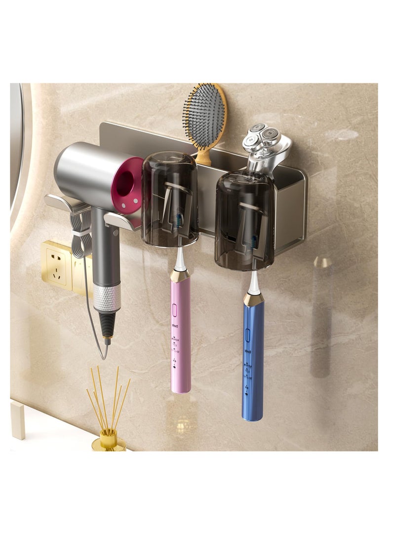 Excefore Bathroom Toothbrush Holders, Toothbrush Holders Wall Mounted with Hair Dryer Holder, 2 Cups, 2 Brush Slots, 2 Storage Grids, Nail-free Glue, Toothbrush Holders Bathroom Accessories, Grey - Image 1