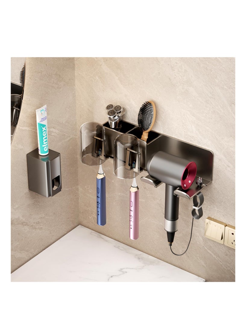 Excefore Bathroom Toothbrush Holders, Toothbrush Holders Wall Mounted with Hair Dryer Holder, 2 Cups, 2 Brush Slots, 2 Storage Grids, Nail-free Glue, Toothbrush Holders Bathroom Accessories, Grey - Image 2