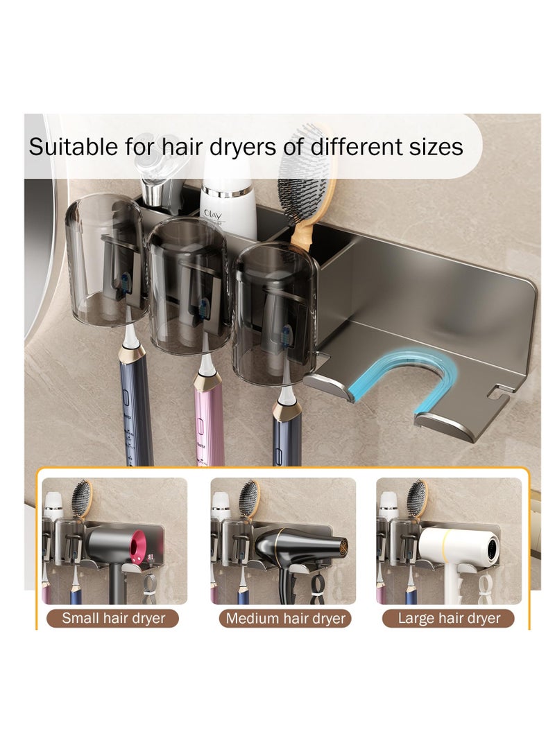 Excefore Bathroom Toothbrush Holders, Toothbrush Holders Wall Mounted with Hair Dryer Holder, 2 Cups, 2 Brush Slots, 2 Storage Grids, Nail-free Glue, Toothbrush Holders Bathroom Accessories, Grey - Image 4