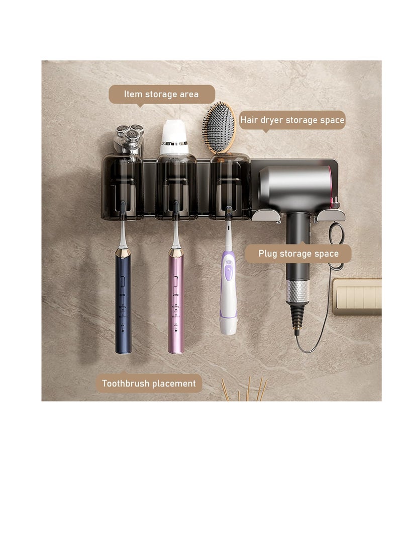 Excefore Bathroom Toothbrush Holders, Toothbrush Holders Wall Mounted with Hair Dryer Holder, 2 Cups, 2 Brush Slots, 2 Storage Grids, Nail-free Glue, Toothbrush Holders Bathroom Accessories, Grey - Image 3