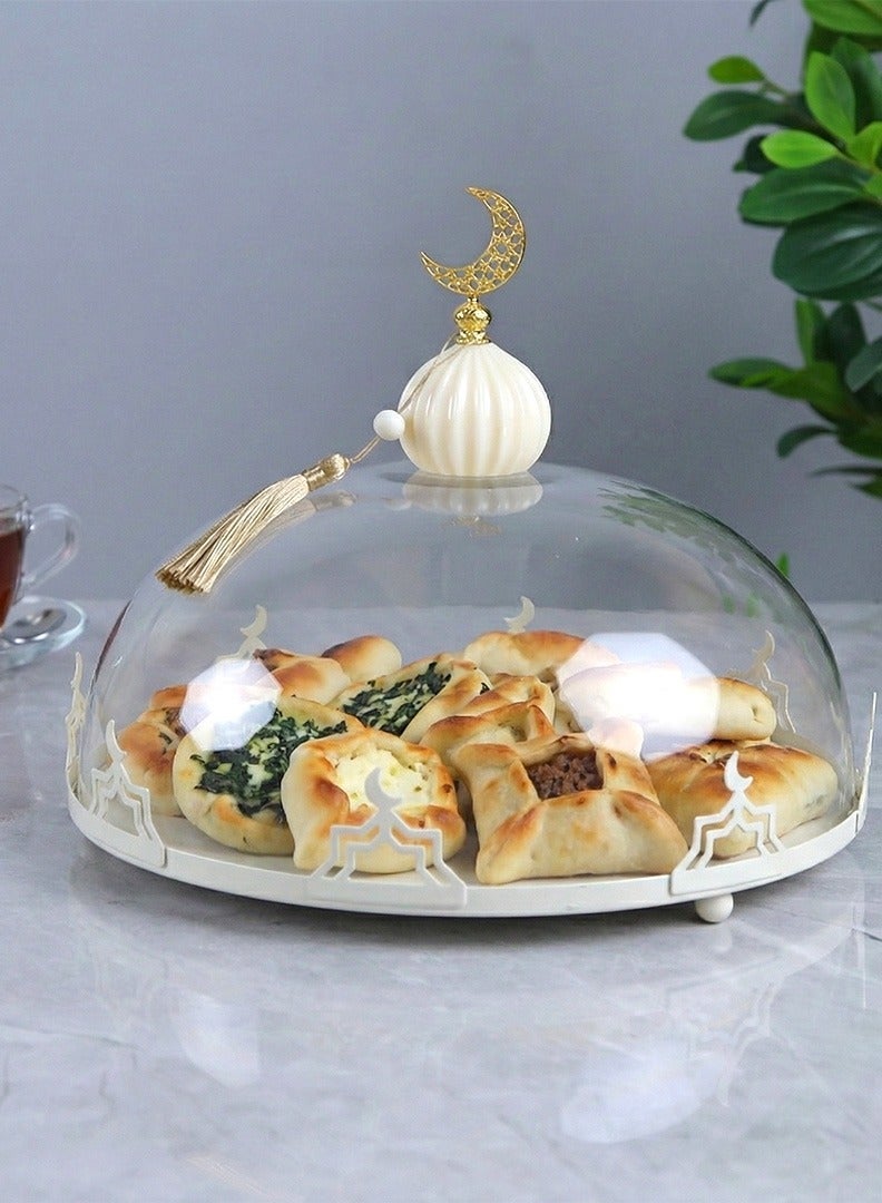 AL Hadaya Mall Round Serving Bowl with Acrylic Dome Lid & Base – Beige (31×31×28 cm) - Image 1