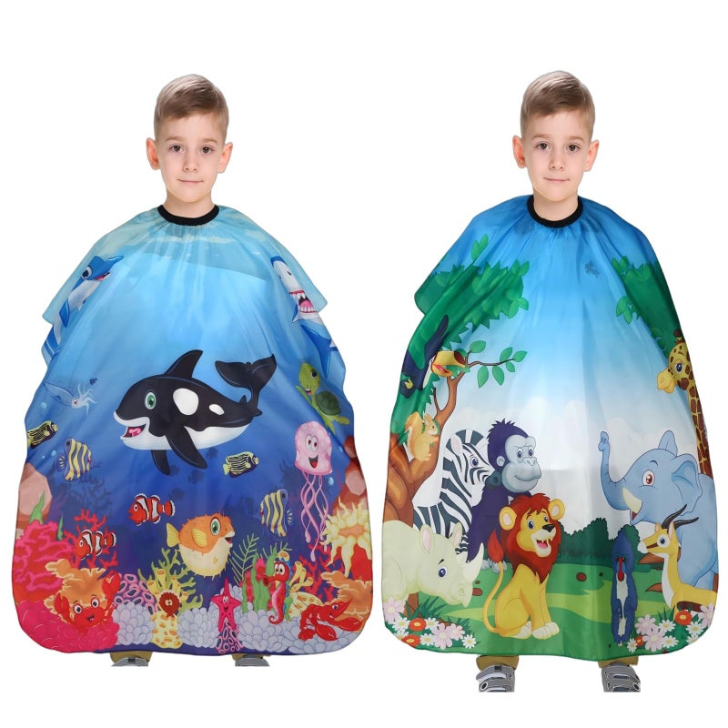 YELEGAI Kids Hair Cutting Cape (2 Pack) Professional Children Salon Barber Apron for Boys and Girls (Cartoon Sea Animals & Cartoon Wild Animal) - Image 1