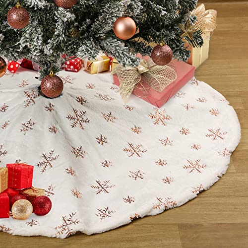White Tree Skirt Faux Fur Rose Gold Sequin Tree Skirts Small Christmas Tree Skirt Decoration 36inch Double Layers Tree Covers Shiny Tree Floor Mats Fireplace Tree Skirts Fluffy Tree Skirt