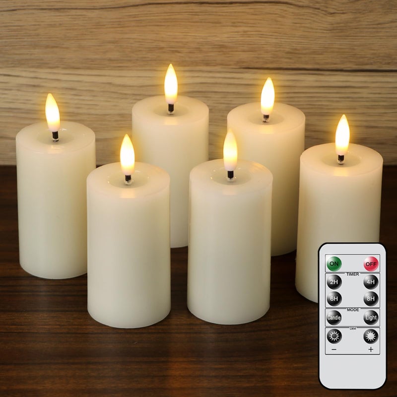 DRomance Flameless Candles Battery Operated with 10-Key Remote and Timer 6 Pack Real Wax LED Pillar Candles 3D Wick Flickering Warm Light Wedding Dinner Holiday Decor(Ivory, 1.9" D x 4.5" H) - Image 1