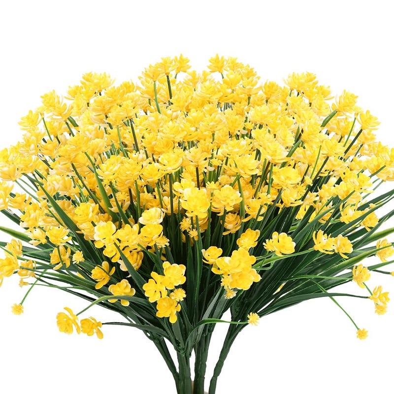 URSTOUD 6PCS Artificial FlowersFake Greenery Faux Plastic Bushes Fake Shrubs UV Resistant No Fade Faux Plastic Plants for Wedding Hanging Bouquet Indoor Outdoor Home Garden Office Table VaseYellow