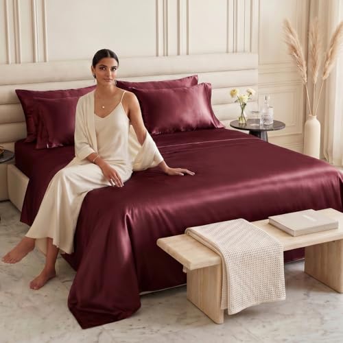 haus & kinder Satin Bedsheets, King Size Bedsheet, 300 TC Premium Satin Elastic Fitted King Size Bed Sheet (72 X 78 X 10 Inches) with 2 Pillow Covers, Elegance and Comfort redefended -Crimson Velvet - Image 4