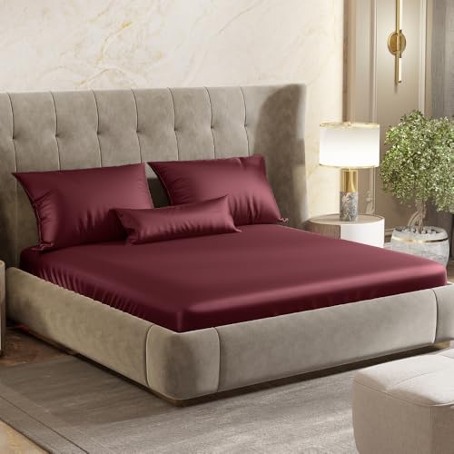 haus & kinder Satin Bedsheets, King Size Bedsheet, 300 TC Premium Satin Elastic Fitted King Size Bed Sheet (72 X 78 X 10 Inches) with 2 Pillow Covers, Elegance and Comfort redefended -Crimson Velvet - Image 1