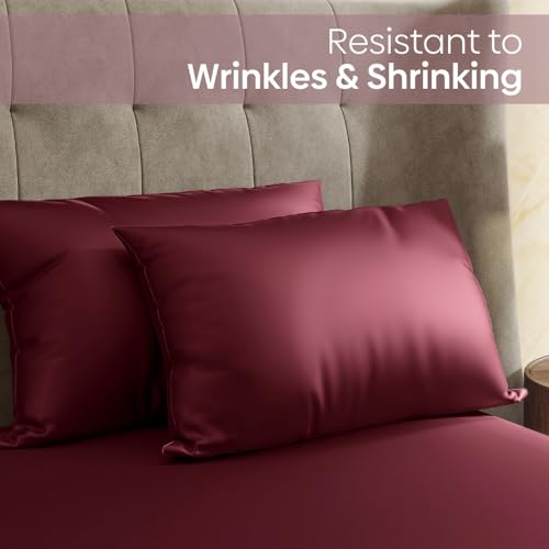 haus & kinder Satin Bedsheets, King Size Bedsheet, 300 TC Premium Satin Elastic Fitted King Size Bed Sheet (72 X 78 X 10 Inches) with 2 Pillow Covers, Elegance and Comfort redefended -Crimson Velvet - Image 5