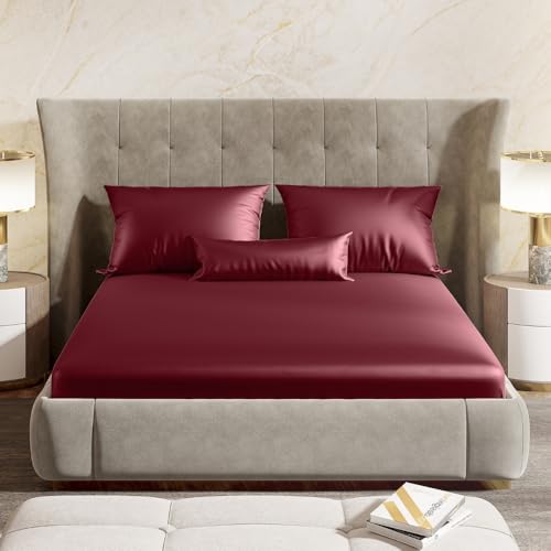haus & kinder Satin Bedsheets, King Size Bedsheet, 300 TC Premium Satin Elastic Fitted King Size Bed Sheet (72 X 78 X 10 Inches) with 2 Pillow Covers, Elegance and Comfort redefended -Crimson Velvet - Image 2