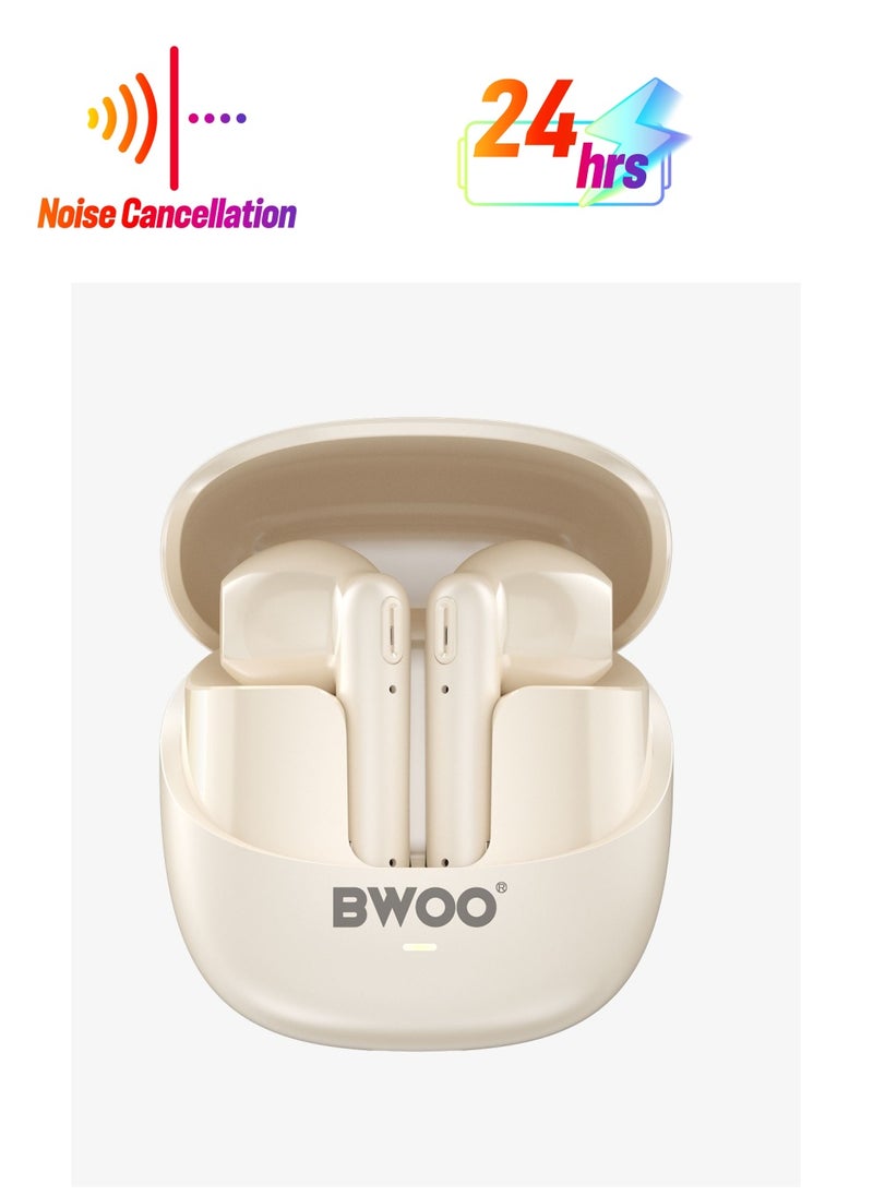 BWOO Bwoo True Wireless Headphones with ENC Half-in-ear Wireless Earbuds BT V5.3 for Gaming and Sports (Off-White)  - Image 1
