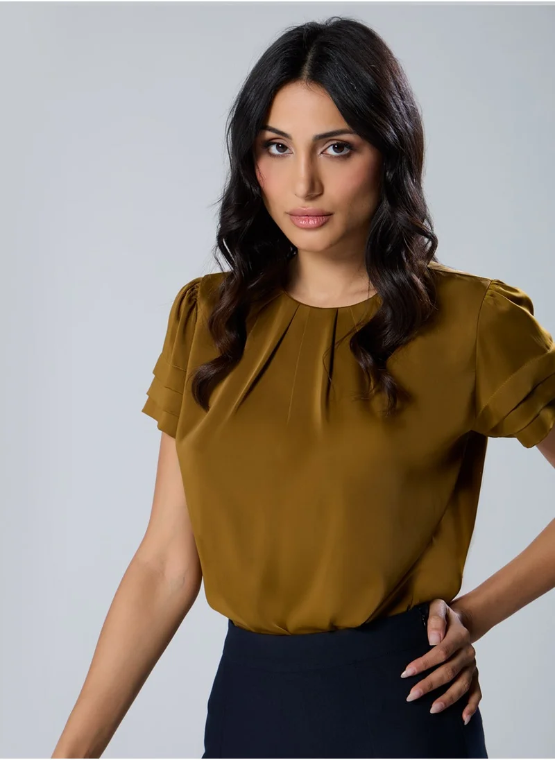 Zigzag Neck And Sleeve Pleated  Brown Top