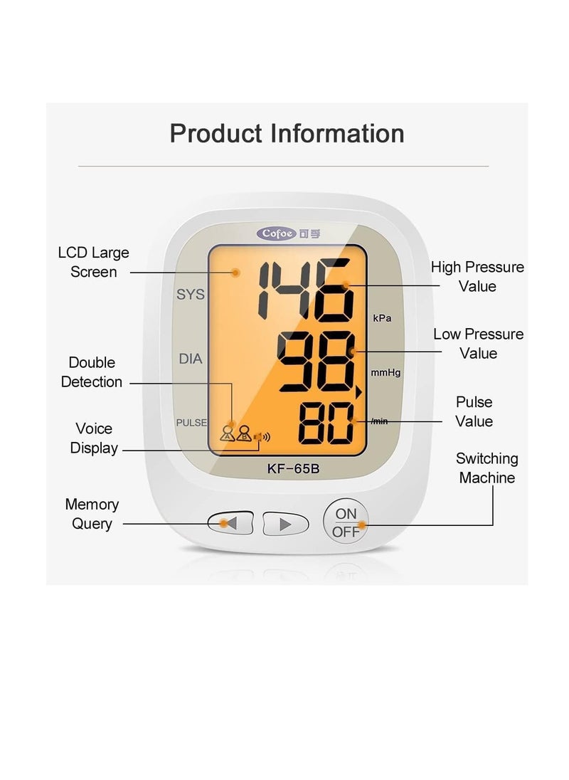 Cofoe Automatic blood pressure monitor, with speaking voice, smart measurement, internal lithium battery, 2 users memory, irregular heartbeat detection, large LCD display  - Image 4