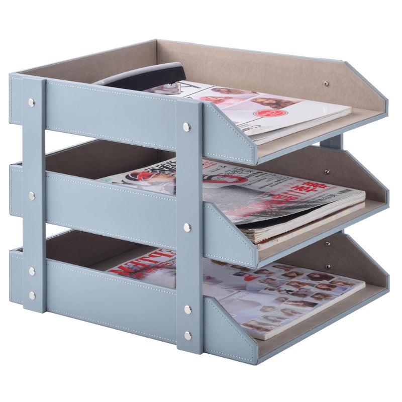 Leather Desk Organize Holder3Layer Stackable Letter TrayUsed to Store documentsFoldersStationeryMagazinesPaperand Other Home Office SuppliesDesk File Rack Grey
