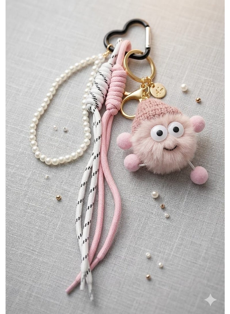 Cute bag charm with a soft plush toy – versatile keychain with strings and pearl embellishments – stylish accessory for bags, keys, and gifts - Image 4