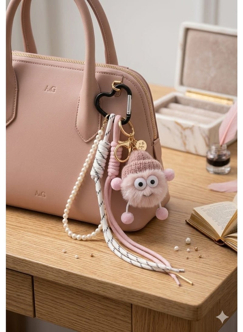 Cute bag charm with a soft plush toy – versatile keychain with strings and pearl embellishments – stylish accessory for bags, keys, and gifts - Image 2