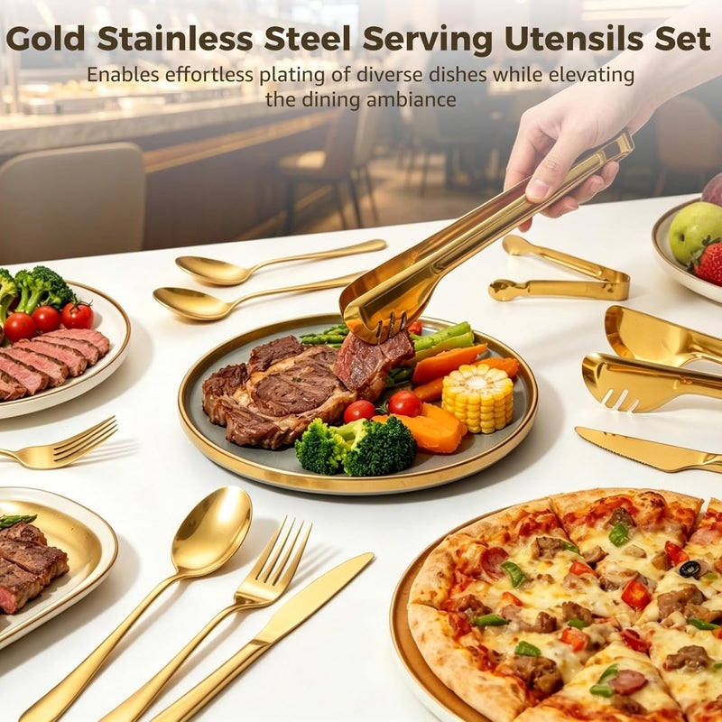 12 Pcs Gold Stainless Steel Serving Utensils Set, Mirror Polished Buffet Catering Pieces, Long-Lasting Ergonomic Design for Wedding Parties & Events, includes Dish Tongs, Spoons, Cake Server - Image 5