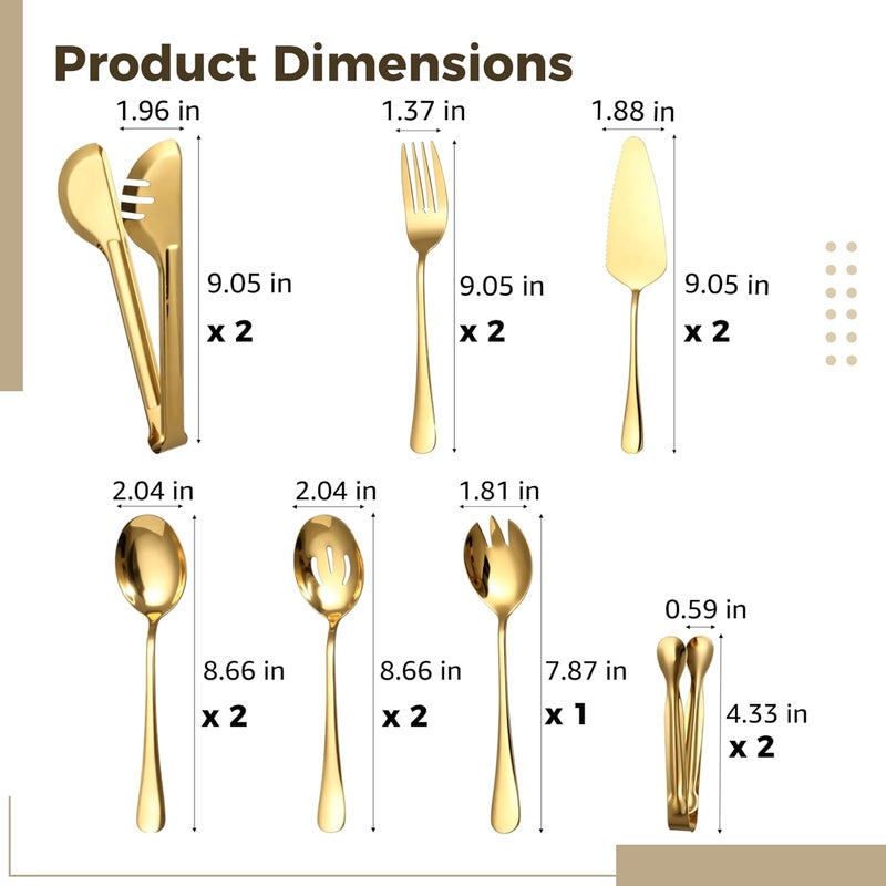 12 Pcs Gold Stainless Steel Serving Utensils Set, Mirror Polished Buffet Catering Pieces, Long-Lasting Ergonomic Design for Wedding Parties & Events, includes Dish Tongs, Spoons, Cake Server - Image 3