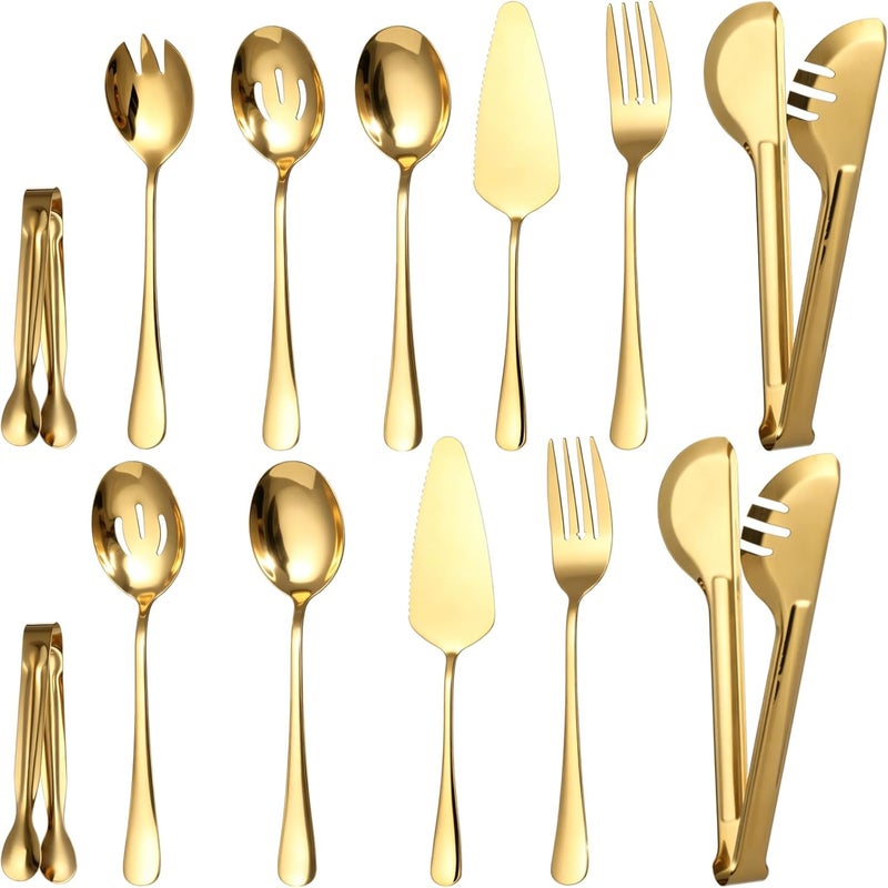 12 Pcs Gold Stainless Steel Serving Utensils Set, Mirror Polished Buffet Catering Pieces, Long-Lasting Ergonomic Design for Wedding Parties & Events, includes Dish Tongs, Spoons, Cake Server - Image 1