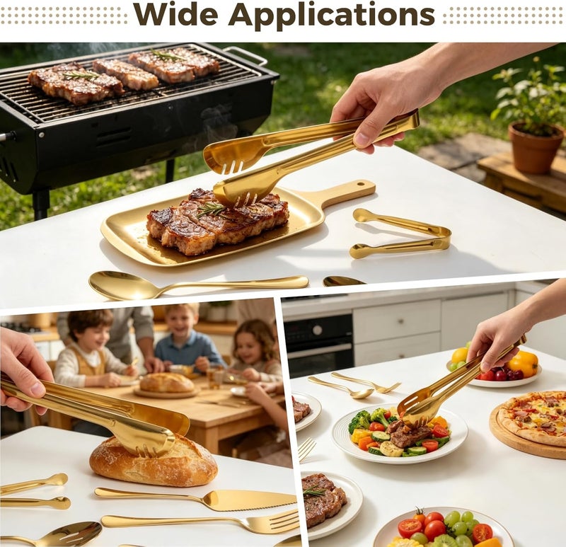 12 Pcs Gold Stainless Steel Serving Utensils Set, Mirror Polished Buffet Catering Pieces, Long-Lasting Ergonomic Design for Wedding Parties & Events, includes Dish Tongs, Spoons, Cake Server - Image 2