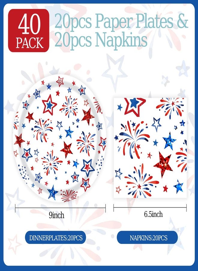 KFJBPB 40 Pack Patriotic Plates and Napkins Party Supplies, Stars Firework Disposable Dinner Plates Napkins Tableware Set for Veterans Day 4th of July VIndependence Day Decoration (Patriotic) - Image 2
