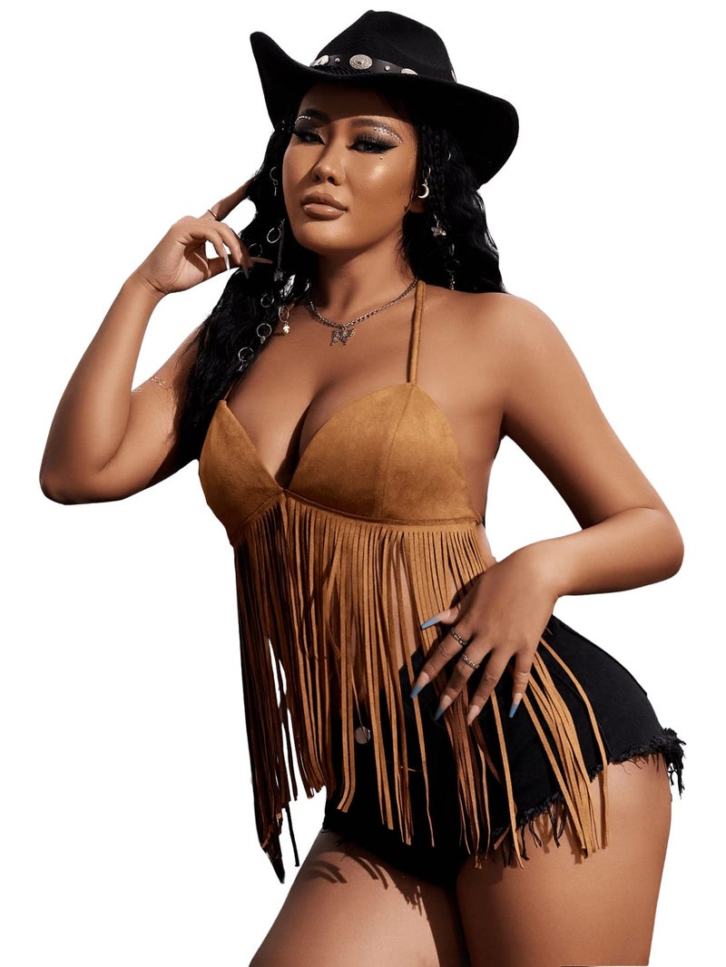 Verdusa Women's Fringe Tied Backless Suede Halter Top Deep V Neck Going Out Tops Western Outfits Brown Large - Image 4