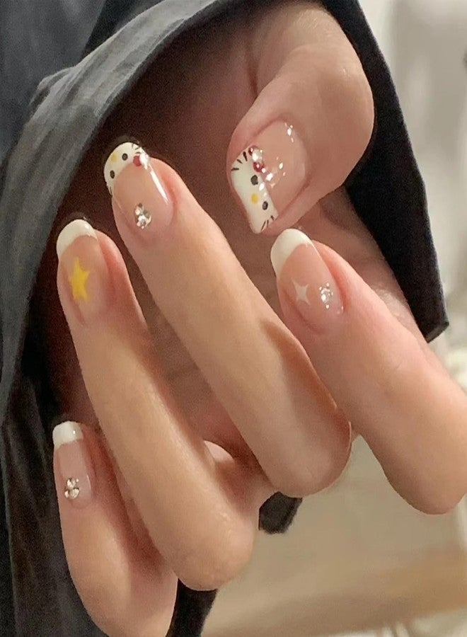 YKZFUI 24Pcs French Tip Press on Nails Short Square Fake Nails Cute Stars with Rhinestones Designs Short French Acrylic Nails White Nail Tip Artificial Nails for Women Girls Nail Art Decorations - Image 1