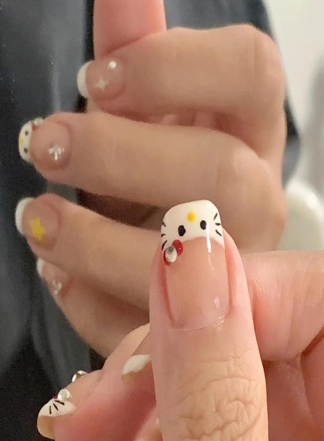 YKZFUI 24Pcs French Tip Press on Nails Short Square Fake Nails Cute Stars with Rhinestones Designs Short French Acrylic Nails White Nail Tip Artificial Nails for Women Girls Nail Art Decorations - Image 2