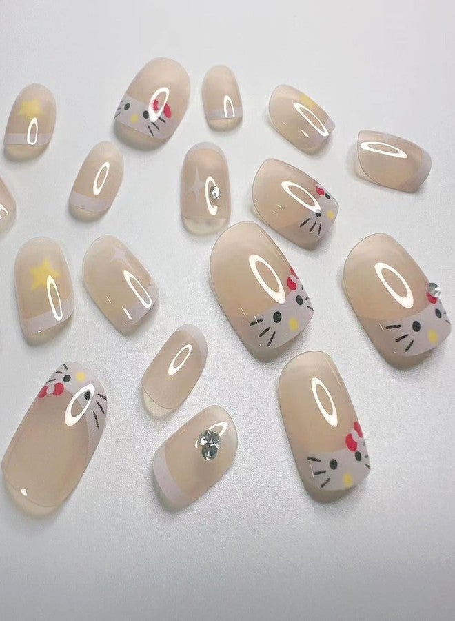YKZFUI 24Pcs French Tip Press on Nails Short Square Fake Nails Cute Stars with Rhinestones Designs Short French Acrylic Nails White Nail Tip Artificial Nails for Women Girls Nail Art Decorations - Image 3