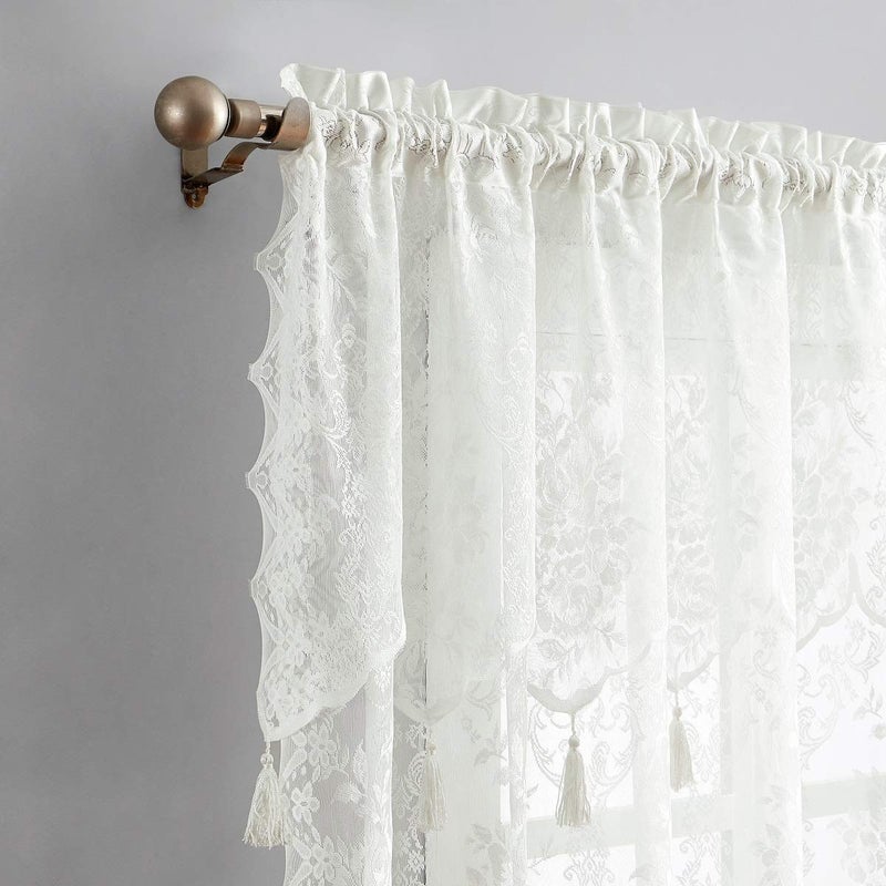 Warm Home Designs Warm Home Designs Pair of 2 Ivory Color Long Length 54 W x 96 L Semi Sheer Lace Curtain Panels  Attached Matching Valances with 6 Tassels Classic Elegant English Rose Pattern L Ivory 96 